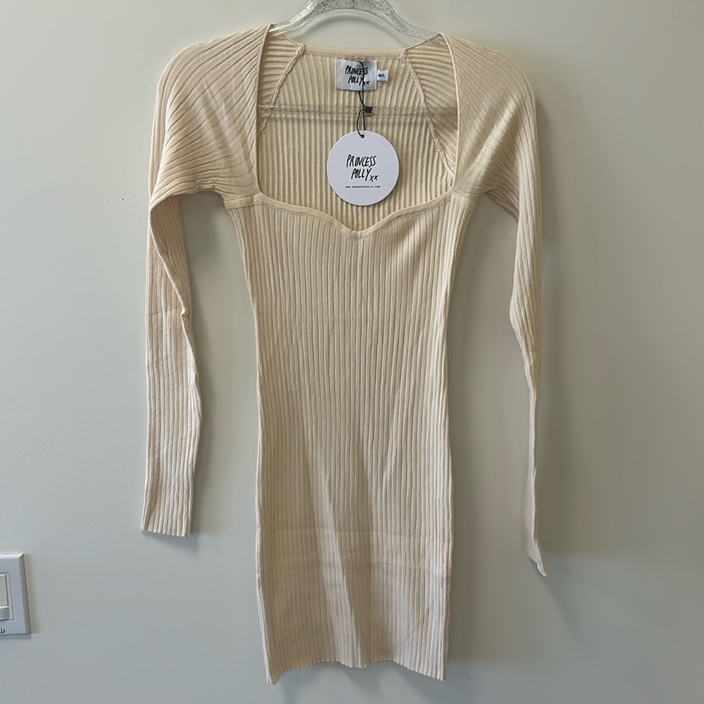 Princess Polly Size M/L Mavins Long Sleeve Cream Bodycon Mini Dress NWT!
